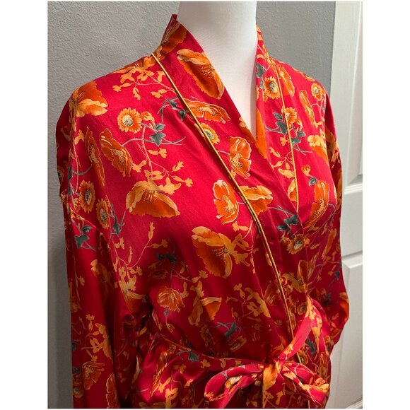 Saks Fifth Avenue 100% Silk Long Robe, Red floral, Size L - Picture 3 of 11